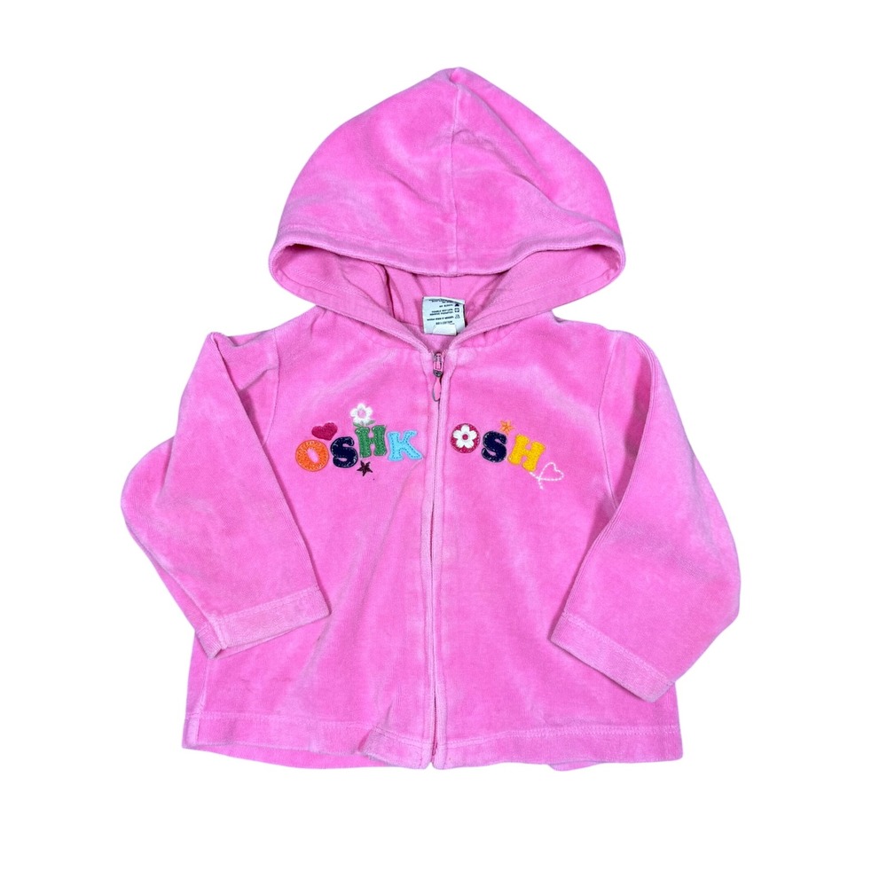 Vintage OshKosh Bgosh Pink Velour Zip Up Hoodie Embroidered 12mo